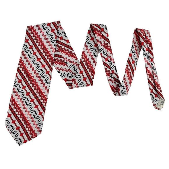 Vintage 60s/70s Trevira Necktie Geometric Diagonal Stripes Red Black White Tie - Picture 5 of 7